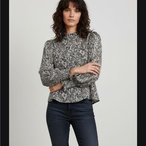 Aqua Black and White Puff Sleeve Smocked Blouse